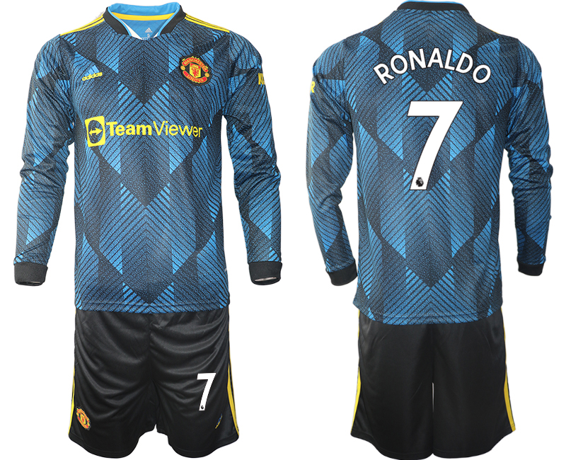 Men 2021-2022 Club Manchester united second away blue Long Sleeve #7 Soccer Jerseys